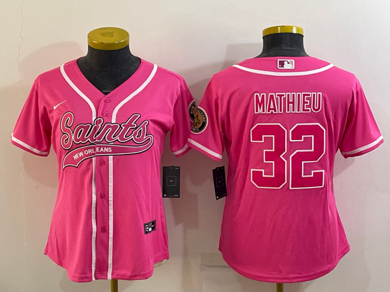 Women's New Orleans Saints #32 Tyrann Mathieu Pink With Patch Cool Base Stitched Baseball Jersey(Run Small)